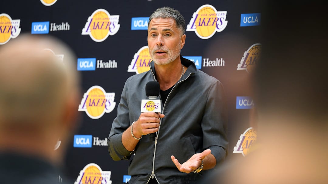 Sep 25, 2025; El Segundo, CA, USA; Los Angeles Lakers general manager Rob Pelinka speaks during a press conference to preview the 2025-26 season at UCLA Health Training Center. Mandatory Credit: William Liang-Imagn Images Sep 25, 2025; El Segundo, CA, USA; Los Angeles Lakers general manager Rob Pelinka speaks during a press conference to preview the 2025-26 season at UCLA Health Training Center. Mandatory Credit: William Liang-Imagn Images