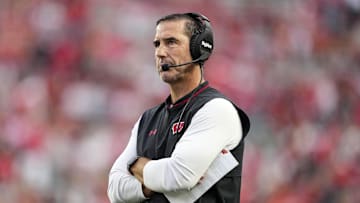 Oct 18, 2025; Madison, Wisconsin, USA;  Wisconsin Badgers head coach Luke Fickell during the game against the Ohio State Buckeyes at Camp Randall Stadium. Mandatory Credit: Jeff Hanisch-Imagn Images