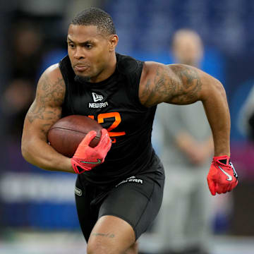 Mar 1, 2025; Indianapolis, IN, USA; Auburn running back Jarquez Hunter (RB12) during the 2025 NFL Combine at Lucas Oil Stadium. Mandatory Credit: Kirby Lee-Imagn Images
