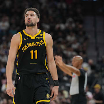 Golden State Warriors guard Klay Thompson (11) against the San Antonio Spurs at Frost Bank Center. 