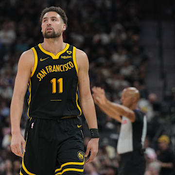 Golden State Warriors guard Klay Thompson (11) looks over in the first half against the San Antonio Spurs at Frost Bank Center. Mandatory Credit: Daniel Dunn-Imagn Images