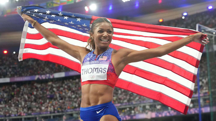 Gabrielle Thomas (USA) celebrates after winning the women's 200m final during the Paris 2024 Olympic Summer Games.