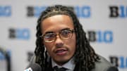 Jul 24, 2025; Las Vegas, NV, USA; USC wide receiver Makai Lemon speaks to the media during the Big Ten NCAA college football media days at Mandalay Bay Resort. Mandatory Credit: Lucas Peltier-Imagn Images