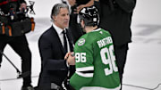 Colorado Avalanche head coach Jared Bednar shakes hands with Dallas Stars right wing Mikko Rantanen