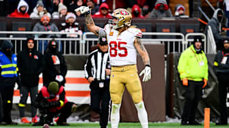 Nov 30, 2025; Cleveland, Ohio, USA;  San Francisco 49ers tight end George Kittle (85) reacts after catching a long pass during the second half against the Cleveland Browns at Huntington Bank Field. Mandatory Credit: Ken Blaze-Imagn Images