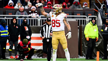 Nov 30, 2025; Cleveland, Ohio, USA;  San Francisco 49ers tight end George Kittle (85) reacts after catching a long pass during the second half against the Cleveland Browns at Huntington Bank Field. Mandatory Credit: Ken Blaze-Imagn Images