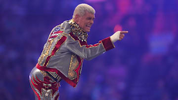 Feb 1, 2025; Indianapolis, IN, USA; Cody Rhodes enters the arena during the WWE Undisputed Championship match during the WWE Royal Rumble at Lucas Oil Stadium.