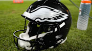 Nov 10, 2025; Green Bay, Wisconsin, USA;  General view of an Philadelphia Eagles helmet during the game against the Green Bay Packers at Lambeau Field. Mandatory Credit: Jeff Hanisch-Imagn Images