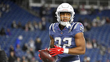 New England Patriots running back TreVeyon Henderson (32) looks on before the start of the game against the New York Jets at Gillette Stadium. 