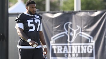 Houston Texans tackle Blake Fisher (57) during training camp at Houston Methodist Training Center.