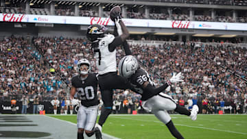 Nov 2, 2025; Paradise, Nevada, USA; Jacksonville Jaguars wide receiver Brian Thomas Jr. (7) attempts a catch during the first half against the Las Vegas Raiders at Allegiant Stadium.