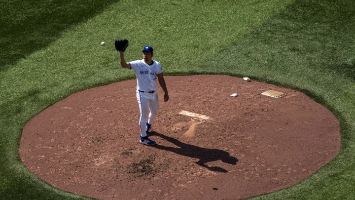 Jul 20, 2024; Toronto, Ontario, CAN; Toronto Blue Jays pitcher Yusei Kikuchi (16) sets to pitch against the Detroit Tigers during the fourth inning at Rogers Centre. Mandatory Credit: Kevin Sousa-USA TODAY Sports