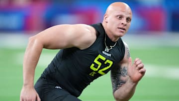 Arkansas defensive lineman Landon Jackson participates in drills during the 2025 NFL Combine at Lucas Oil Stadium.
