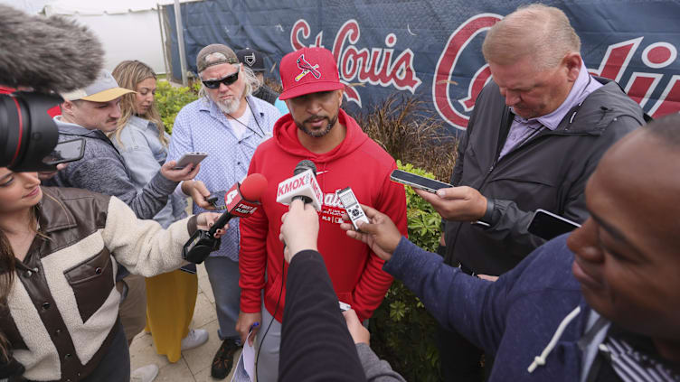 Feb 19, 2024; Jupiter, FL, USA; St. Louis Cardinals manager Oliver Marmol (37) talks to reporters at