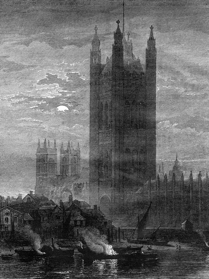 An illustration of the Palace of Westminster and boats with smoke in the River Thames