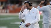 Texas Longhorns head coach Steve Sarkisian pauses during the second half against the Arkansas Razorbacks at Darrell K Royal-Texas Memorial Stadium. 