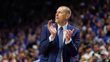 Jan 14, 2025; Lexington, Kentucky, USA; Kentucky Wildcats head coach Mark Pope reacts to the action during the second half against the Texas A&M Aggies at Rupp Arena at Central Bank Center. Mandatory Credit: Jordan Prather-Imagn Images