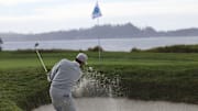 Feb 2, 2025; Pebble Beach, California, USA; Jason Day hits his bunker shot on the fourth hole during the final round of the AT&T Pebble Beach Pro-Am golf tournament at Pebble Beach Golf Links. Mandatory Credit: Kiyoshi Mio-Imagn Images