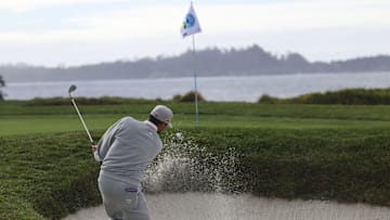 Feb 2, 2025; Pebble Beach, California, USA; Jason Day hits his bunker shot on the fourth hole during the final round of the AT&T Pebble Beach Pro-Am golf tournament at Pebble Beach Golf Links. Mandatory Credit: Kiyoshi Mio-Imagn Images