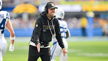 Oct 19, 2025; Inglewood, California, USA; Indianapolis Colts head coach Shane Steichen celebrates a touchdown  in the first half against the Los Angeles Chargers at SoFi Stadium. Mandatory Credit: Jayne Kamin-Oncea-Imagn Images
