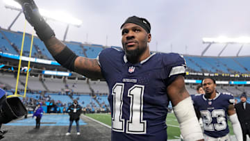 Dec 15, 2024; Charlotte, North Carolina, USA; Dallas Cowboys linebacker Micah Parsons (11) walks off the field after the game at Bank of America Stadium. Mandatory Credit: Bob Donnan-Imagn Images