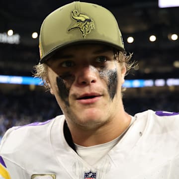 Nov 2, 2025; Detroit, Michigan, USA; Minnesota Vikings quarterback J.J. McCarthy (9) walks off the field after the game against the Detroit Lions at Ford Field.