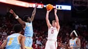Nebraska's Connor Essegian shoots during the first half at Pinnacle Bank Arena.