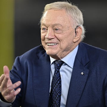 Dallas Cowboys owner Jerry Jones talks before the game against the Arizona Cardinals.