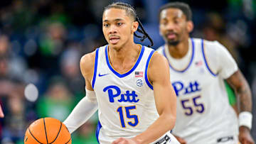 Feb 22, 2025; South Bend, Indiana, USA; Pittsburgh Panthers guard Jaland Lowe (15) dribbles in the second half against the Notre Dame Fighting Irish at the Purcell Pavilion. Mandatory Credit: Matt Cashore-Imagn Images