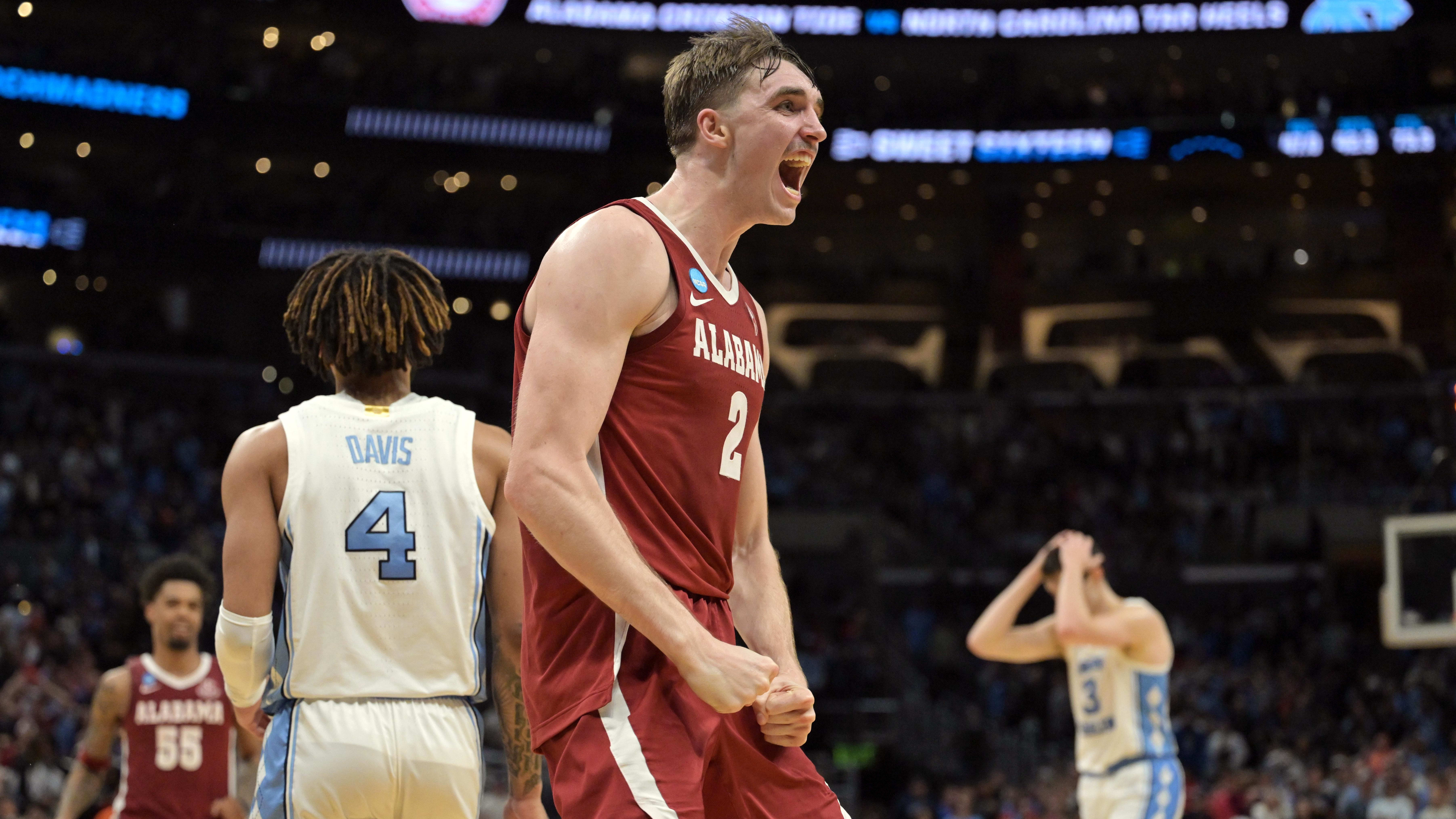 Mar 28, 2024; Los Angeles, CA, USA; Alabama Crimson Tide forward Grant Nelson (2) reacts in the