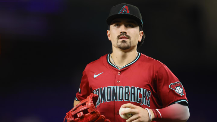 Aug 20, 2024; Miami, Florida, USA; Arizona Diamondbacks right fielder Corbin Carroll (7) looks on against the Miami Marlins during the sixth inning at loanDepot Park. Mandatory Credit: Sam Navarro-USA TODAY Sports