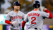 Sep 9, 2025; West Sacramento, California, USA; Boston Red Sox designated hitter Rob Refsnyder (30) celebrates with third baseman Alex Bregman (2) after hitting a three run home run during the first inning against the Athletics at Sutter Health Park. Mandatory Credit: Sergio Estrada-Imagn Images