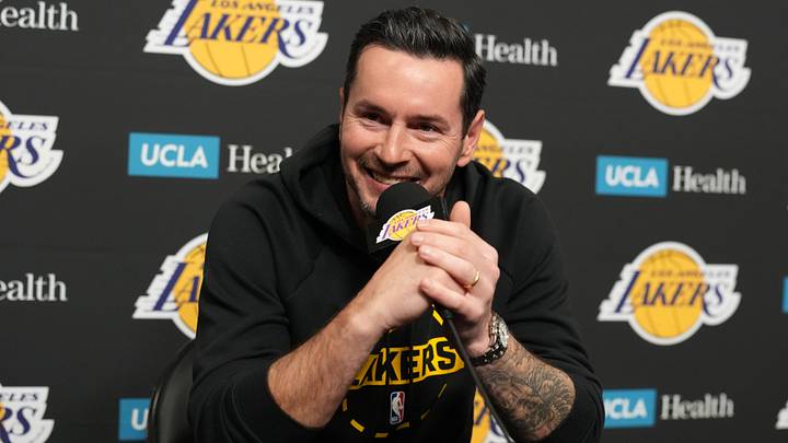 Jan 15, 2026; Los Angeles, California, USA; Los Angeles Lakers head coach JJ Redick at press conference at the Crypto.com Arena. Mandatory Credit: Kirby Lee-Imagn Images