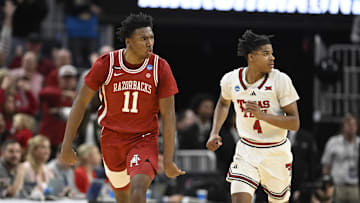 Mar 27, 2025; San Francisco, CA, USA; Arkansas Razorbacks forward Karter Knox (11) reacts after shooting a three point basket during the second half against the Texas Tech Red Raiders during a West Regional semifinal of the 2025 NCAA tournament at Chase Center. Mandatory Credit: Eakin Howard-Imagn Images