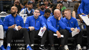Oct 7, 2022; Dallas, Texas, USA; (from left) Dallas Mavericks assistant coach Jared Dudley and