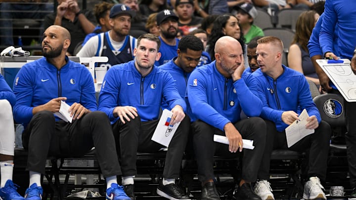 Oct 7, 2022; Dallas, Texas, USA; (from left) Dallas Mavericks assistant coach Jared Dudley and assistant coach Greg St. Jean and head coach Jason Kidd and assistant coach Sean Sweeney during the game between the Dallas Mavericks and the Orlando Magic at the American Airlines Center. Mandatory Credit: Jerome Miron-Imagn Images Oct 7, 2022; Dallas, Texas, USA; (from left) Dallas Mavericks assistant coach Jared Dudley and assistant coach Greg St. Jean and head coach Jason Kidd and assistant coach Sean Sweeney during the game between the Dallas Mavericks and the Orlando Magic at the American Airlines Center. Mandatory Credit: Jerome Miron-Imagn Images