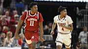 Mar 27, 2025; San Francisco, CA, USA; Arkansas Razorbacks forward Karter Knox (11) reacts after shooting a three point basket during the second half against the Texas Tech Red Raiders during a West Regional semifinal of the 2025 NCAA tournament at Chase Center. Mandatory Credit: Eakin Howard-Imagn Images