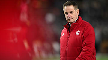Nov 28, 2025; West Lafayette, Indiana, USA; Indiana Hoosiers head coach Curt Cignetti looks on before the game against the Purdue Boilermakers at Ross-Ade Stadium. Mandatory Credit: Marc Lebryk-Imagn Images