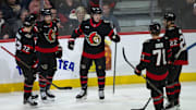 Nov 14, 2024; Ottawa, Ontario, CAN; Ottawa Senators right wing Adam Gaudette (81) celebrates with team his goal scored in the third period againstthe Philadelphia Flyers at the Canadian Tire Centre. Mandatory Credit: Marc DesRosiers-Imagn Images