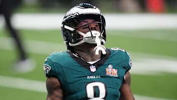 Feb 9, 2025; New Orleans, LA, USA; Philadelphia Eagles safety C.J. Gardner-Johnson (8) practices before Super Bowl LIX against the Kansas City Chiefs at Caesars Superdome. Mandatory Credit: Kirby Lee-Imagn Images