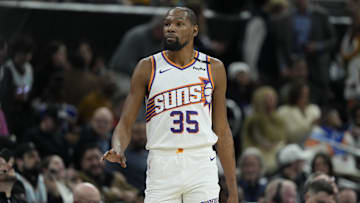 Feb 20, 2025; Austin, Texas, USA; Phoenix Suns forward Kevin Durant (35) enters the game during the first half against the San Antonio Spurs at Moody Center. Mandatory Credit: Scott Wachter-Imagn Images