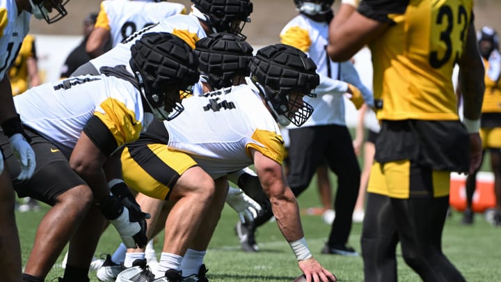 Jul 28, 2024; Latrobe, PA, USA; Pittsburgh Steelers center Zach Frazier (54) participates in training camp at Saint Vincent College. Mandatory Credit: Barry Reeger-USA TODAY Sports