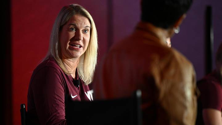 Oct 6, 2025; Charlotte, NC, USA; Virginia Tech head coach Megan Duffy answers questions from the media at The Hilton Charlotte Uptown. Mandatory Credit: William Howard-Imagn Images