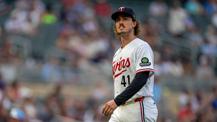 Jul 29, 2026; Minneapolis, Minnesota, USA; Minnesota Twins starting pitcher Joe Ryan (41) looks on after completing the fourth inning against the Kansas City Royals at Target Field. Mandatory Credit: Jesse Johnson-Imagn Images