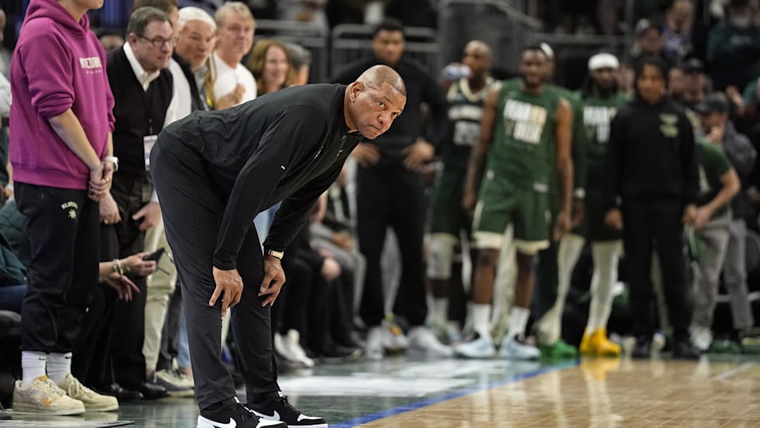 Apr 30, 2024; Milwaukee, Wisconsin, USA;  Milwaukee Bucks head coach Doc Rivers during game five of the first round for the 2024 NBA playoffs against the Indiana Pacers at Fiserv Forum. Mandatory Credit: Jeff Hanisch-Imagn Images
