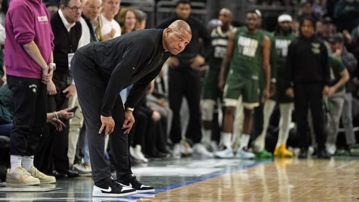 Apr 30, 2024; Milwaukee, Wisconsin, USA;  Milwaukee Bucks head coach Doc Rivers during game five of the first round for the 2024 NBA playoffs against the Indiana Pacers at Fiserv Forum. Mandatory Credit: Jeff Hanisch-USA TODAY Sports
