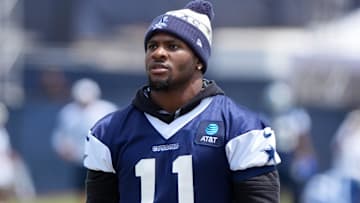 Jul 26, 2025; Oxnard, CA, USA; Dallas Cowboys defensive end Micah Parsons (11) at training camp at the River Ridge Fields. Mandatory Credit: Kirby Lee-Imagn Images
