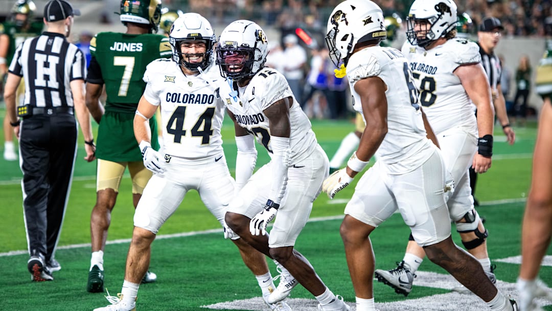 CU football athlete Travis Hunter (middle) hits the Griddy after scoring a touchdown against CSU in the Rocky Mountain Showdown at Canvas Stadium on Saturday, Sept. 14, 2024, in Fort Collins, Colo.