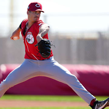 Cincinnati Reds pitcher Chase Petty throws live batting practice during spring training workouts, Thursday, Feb. 22, 2024, at the team   s spring training facility in Goodyear, Ariz.