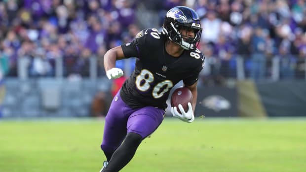 Baltimore Ravens tight end Isaiah Likely runs against the Miami Dolphins